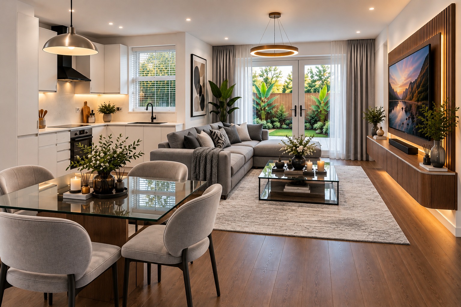 Open-plan living and dining room with warm lighting